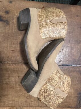 Dingo suede & pu leather western ankle boots in tan with floral shaft